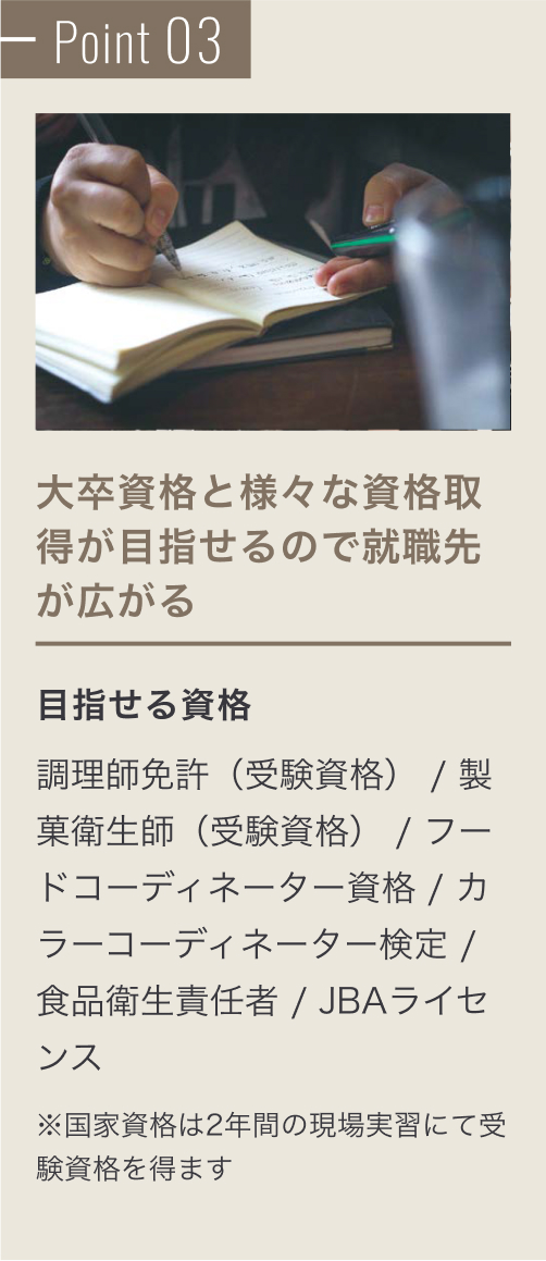 Point 03 大卒資格と様々な資格取得が目指せるので就職先が広がる。目指せる資格は次の通り。調理師免許（受験資格）、製菓衛生師（受験資格）、フードコーディネーター資格、カラーコーディネーター検定、食品衛生責任者、JBAライセンス。※国家資格は2年間の現場実習にて受験資格を得ます。