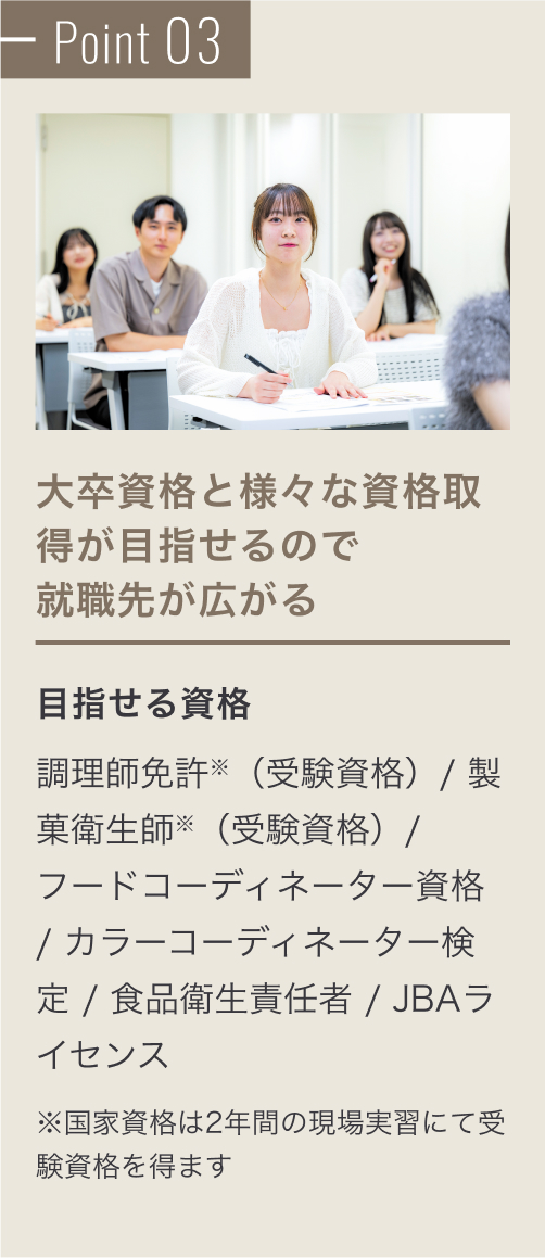 Point 03 大卒資格と様々な資格取得が目指せるので就職先が広がる。目指せる資格は次の通り。調理師免許（受験資格）、製菓衛生師（受験資格）、フードコーディネーター資格、カラーコーディネーター検定、食品衛生責任者、JBAライセンス。※国家資格は2年間の現場実習にて受験資格を得ます。